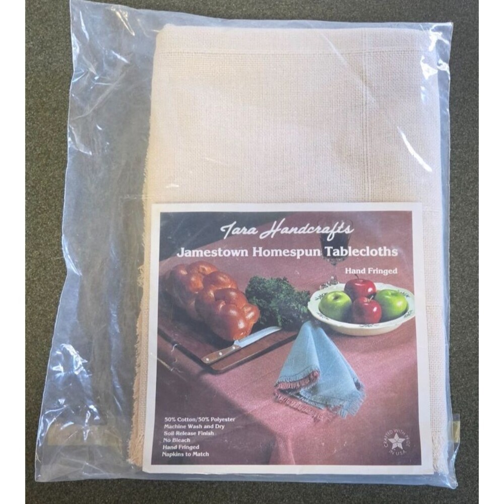 Tara Handcrafts Jamestown Homespun Tablecoth- Hand Fringed 56x56 Ivory- New